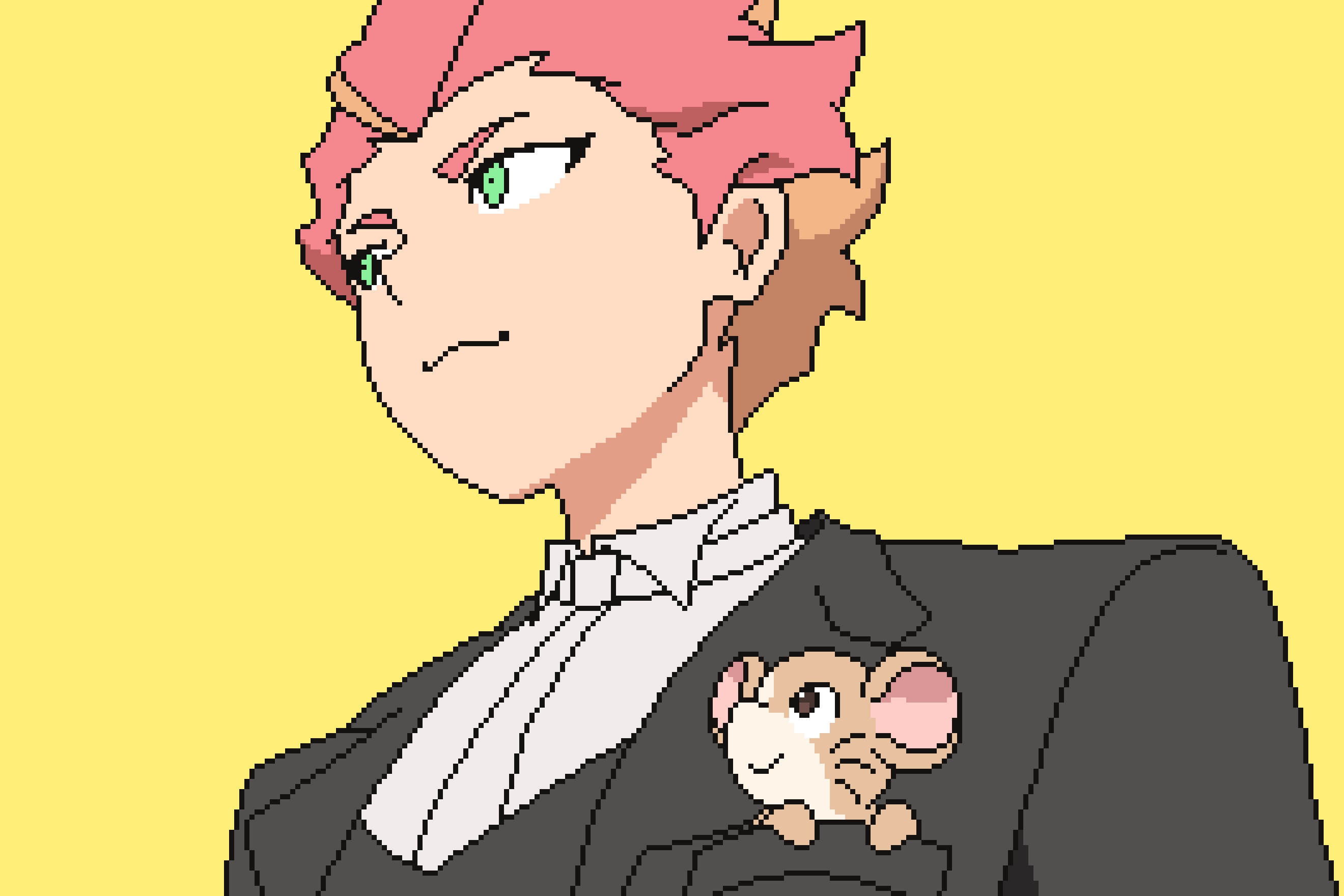 Pixel art redraw of Amanda from Little Witch Academia when she turned herself into a boy, with Riley’s ratsona peeking out of the breat pocket.