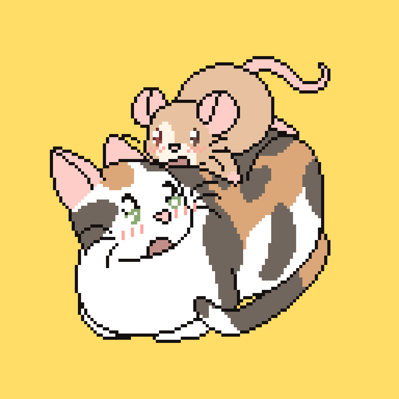 Pixel art of Riley’s calico cat Cotton sitting in loaf position with Riley’s ratsona on her back, belly down, tiny handsies and feetsies stretched out like they flopped onto a very fluffy bed or like trying to give their much bigger cat friend a hug. Both of them are looking at each other, mouths open in wondrous amazement, blushing and eyes watery from admiring each other’s fluffiness, softness, cuteness and of course their mutual love.
