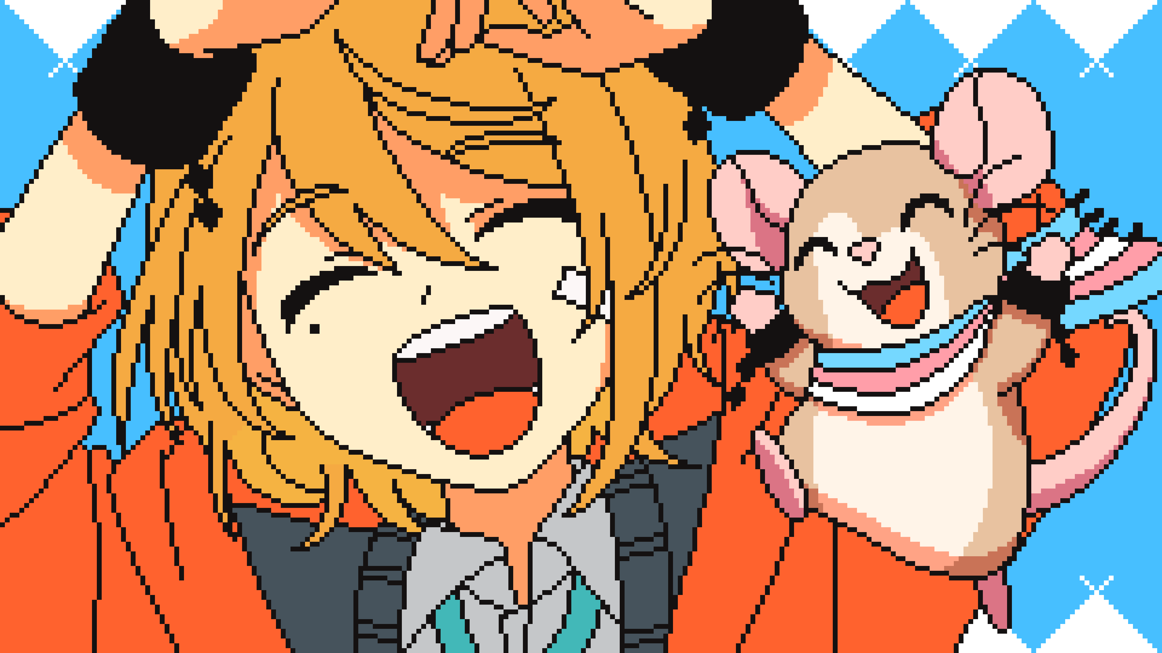 Medium-resolution pixel art redraw of the scene from Ego Renegade Boy towards the end when Len becomes himself, raising his arms with a broken chain dangling from his wrists and giving a big open-mouthed smile. He’s offset a tiny bit to the left to make room for another character: Riley’s ratsona, a light brown rat with a beige belly and face, jumping into the air next to Len’s face, making the same expression and wearing tiny versions of the same broken chains. They also have a trans-coloured scarf around their neck with the end fluttering behind them almost like a cape.
