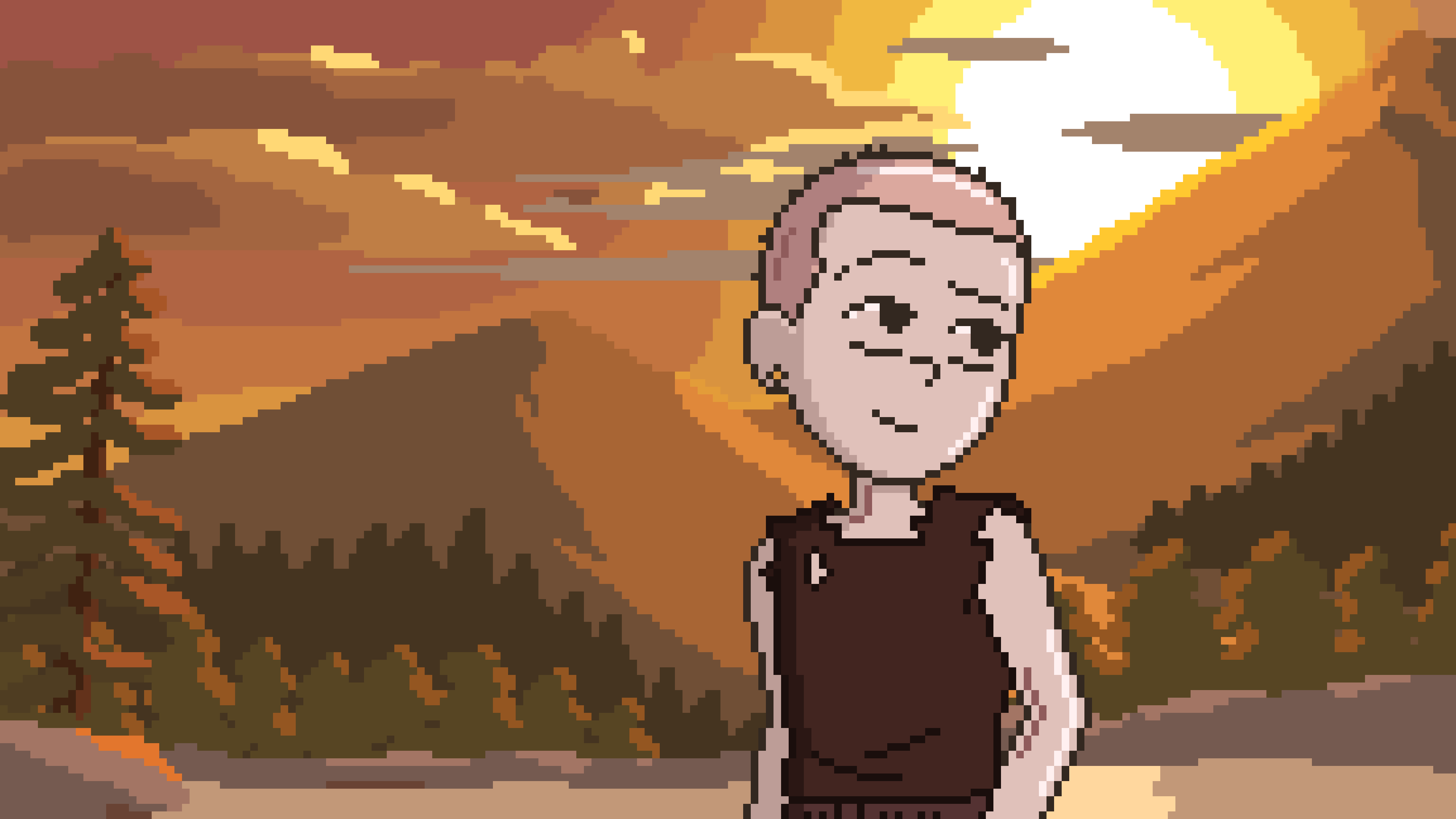 Pixel art of Lake from Infinity Train in a half-body close-up. Their left eyebrow is raised and they smile lightly, as if mildly annoyed but amused, with their hands in their pockets. The background is a sunset landscape with two mountains in the back, pine trees in front of them and a lake between Lake and the trees. It’s based on the end of the final episode when Lake is off the train.