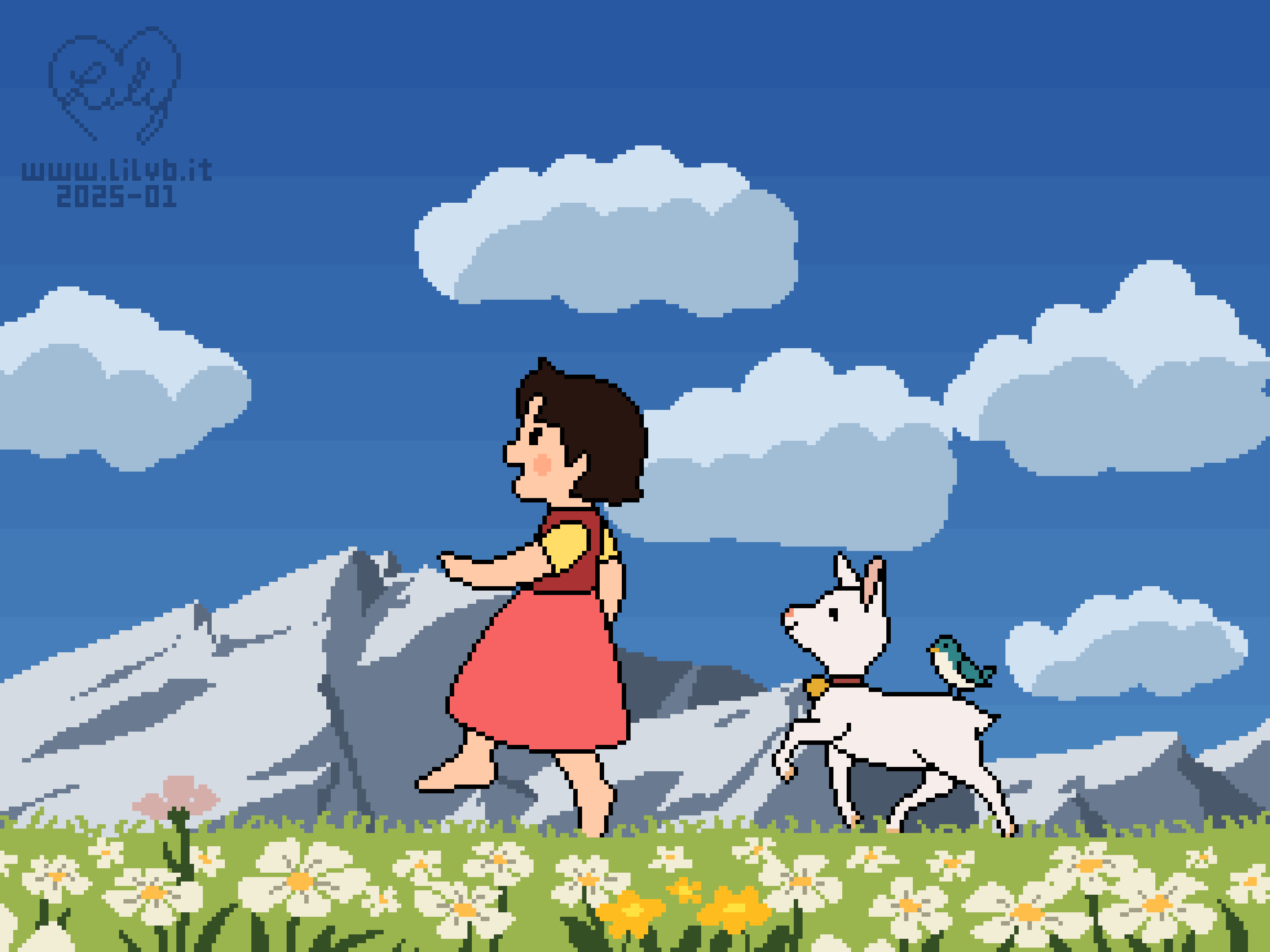 Pixel art of Heidi happily jumping though a green meadow with flowers, followed by Schnucki the little goat with Piep the bird on her back, all in front of a scenery of big mountains in the background.